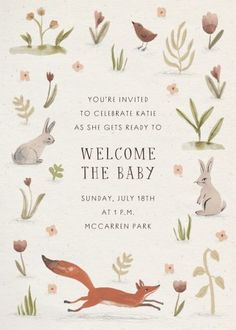 a welcome card with an image of animals and flowers in the background, including a fox