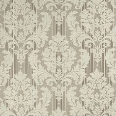 an old fashioned wallpaper with white flowers and leaves on grey stripes in the background