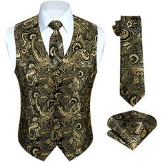 Paisley Floral 3pc Suit Vest Set - GOLD/BLACK Fitted Gold Three-piece Suit For Semi-formal Occasions, Gold Fitted Three-piece Suit For Semi-formal Occasions, Gold Fitted Three-piece Suit For Semi-formal, Gold Fitted Three-piece Suit For Formal Occasions, Elegant Gold Three-piece Suit For Formal Occasions, Elegant Gold Three-piece Suit For Formal Events, Gold Fitted Tuxedo For Formal Occasions, Fitted Gold Tuxedo Style Sets, Fitted Gold Tuxedo Set