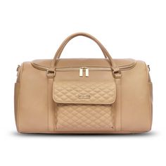 Travel in style with our all-new Monaco Travel Bag! Designed in Los Angeles, the Monaco Travel Bag is crafted with premium faux vegan leather and also features a distinctive quilted texture front pouch with classic gold enameling like our signature Monaco Diaper Bag and Snack Bags. Classic Quilted Gold Bag, Classic Gold Quilted Bag, Luxury Quilted Gold Bag, Luxury Gold Quilted Bag, Classic Quilted Travel Bag, Luxury Quilted Beige Bag, Quilted Rectangular Bag For Weekend Trips, Gold Quilted Travel Bag, Beige Quilted Shoulder Bag For Travel