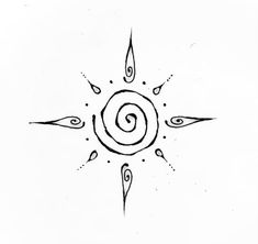 a black and white drawing of a sun with swirls on it's face