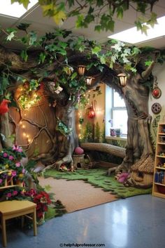 the room is decorated with fake trees and plants