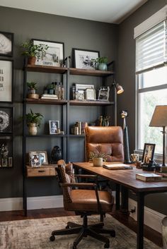 a home office with shelves and pictures on the wall