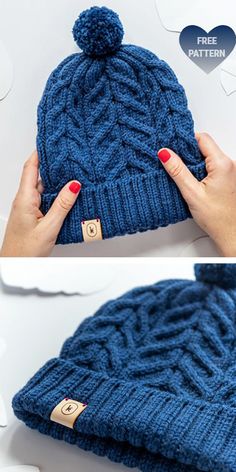 two photos showing how to make a knitted beanie