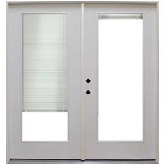 a white door with two windows and blinds on the top half of each glass panel