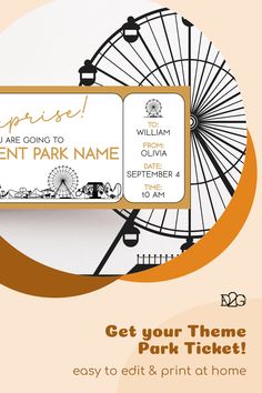 an editable golden voucher with a Ferris wheel and other graphics depicting an amusement park. Amusement Park Ticket, Europa Park, Gift Voucher, Reveal Ideas, Printable Coupons, Change Text, Theme Parks