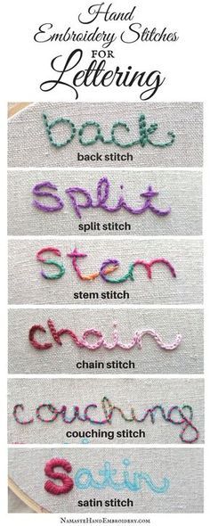 embroidery stitches for lettering with the words back stitch, split stitch, spin stitch and counch stitch