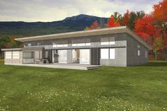 an artist's rendering of a modern house in the woods with mountains in the background