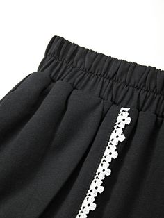 Lace Trim Black Casual Shorts Black Wide-leg Shorts With Elastic Waistband, Black Wide Leg Shorts With Elastic Waistband, Pockets Design, Lace Panelled, Black Casual, Lace Trim, Style Casual, Casual Shorts, Trim