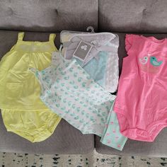 This Bundle Includes One Of Each: Carter's Sleeveless Onesie. Teal Bird Pattern. Sz 24m. Carter's Ruffled Short Sleeve Onesie. Pink With Love Bird Embroidering. Sz 24m. Carter's Leggings. Teal W/ Pink Cherries. Sz 24m. Carter's Sleeveless Tunic And Bloomer Set. Yellow With White Floral Embroidering. Sz 24m. Just Born Baby Blanket. Quilted Pattern W/ White, Grey, Teal And Yellow. Double Sided With Sherpa Lining. Yellow Sleeveless Set For Spring, Sleeveless Yellow Sets For Spring, Yellow Sleeveless Sets For Summer, Playful Sleeveless Cotton Sets, Yellow Sleeveless Spring Sets, Cute Yellow Sleeveless Sets, Yellow Sleeveless Summer Set, Sleeveless Yellow Summer Set, Yellow Sleeveless Sets For Playtime