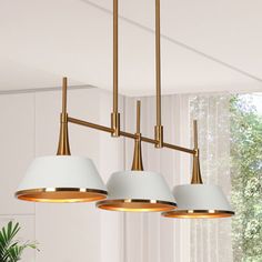 three lights hanging from a ceiling in a room with white walls and plants on the table