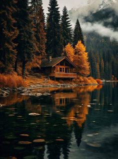 a cabin on the shore of a lake with mountains in the background and trees around it