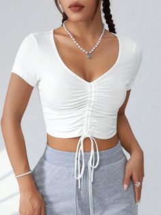 Olivia Mark - Simple Solid Color Drawstring Crop Top with Short Exposed Belly Button Shirt Drawstring Crop Top, Belly Shirt, Belly Shirts, Brown Outfit, Crop Top And Shorts, White Crop, White Crop Top, Soft Girl, Button Shirt