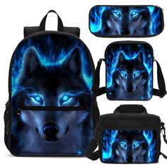 Dakkein Wild Blue Wolf Boys School Backpack Insulated Lunch Bag Pen Case Shoulder Bag Lot Style:School Backpack Material: Polyester Users: Boys / Girls Size: Large Backpack: 31*14*47 CM 12.20*5.51*18.50 IN  Shoulder Bag:25*5*20 CM /9.84*1.97*7.87 IN Cooler Lunch Bag: 24*15*19 CM /9.45*5.91*7.48 IN Pen Case: 21*6*10 CM /8.27*2.36*3.94 IN Portable Bag As Back To School Gift, Portable Bags As Back To School Gift, Portable Bag As A Back To School Gift, Blue Student Bag, Blue Portable Backpack For Daily Use, Blue Lightweight School Bag, Blue School Satchel, Blue Shoulder Bag For Back To School, Blue Backpack Shoulder Bag For School