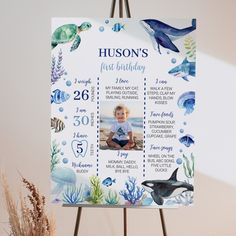 a blue and white birthday card with an image of a baby's first birthday