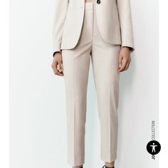 New With Tag! Zara Beige Ankle Pants Spring Office Cropped Leg Pants, Spring Office Cropped Dress Pants, Spring Cropped Dress Pants For Office, Spring Office Dress Pants With Cropped Leg, Chic Tailored Cropped Pants, Tailored Bottoms For Office In Spring, Tailored Spring Office Bottoms, Spring Office Bottoms, Spring Office Tapered Leg Dress Pants