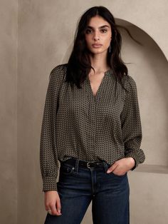 Modela Shirred-Neck Blouse | Banana Republic Factory Fall V-neck Blouse With Placket, Henley Neckline Blouse With Button Closure, Split Neck Placket Top For Work, Split Neck Workwear Top With Placket, Chic Tops With Band Neckline For Workwear, Chic Workwear Tops With Band Neckline, Chic Band Neckline Tops For Work, Workwear Blouse With Split Neck And Placket, Fall Split Neck Tops For Workwear