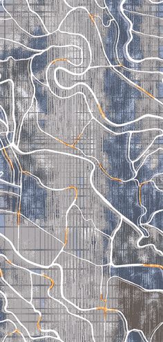 an abstract painting with orange and white lines on grey paper, which has been drawn in different directions