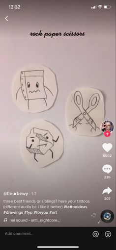 three stickers that have been drawn to look like cartoon characters