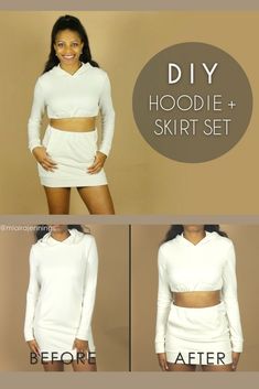 the before and after photo shows how to make a hoodie skirt with no sleeves