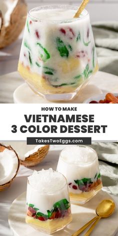 three desserts on plates with text overlay that reads how to make vietnamese 3 color dessert