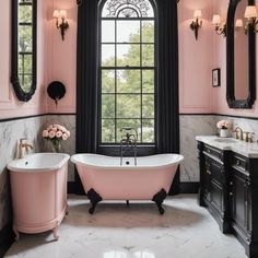 a bathroom with pink and black walls, marble floors and an ornate claw foot bathtub