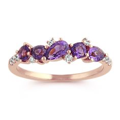 Crafted in quality 14 karat rose gold  two pear-shaped amethyst gemstones (approx. .33 ct. TW)  one cushion cut amethyst gemstone (approx. .14 carat)  one round amethyst gemstone (approx. .10 carat)  one trillion cut amethyst gemstone (approx. .10 carat) and ten round diamonds (approx. .12 carat TW) all come together in this lovely fashion ring. The ring measures 1.3mm wide at the band and has a total gem weight of approximately .79 carat. Gemstone Diamond Ring, Lovely Fashion, Custom Jewellery, Amethyst And Diamond Ring, Pretty Rocks, Natural Diamond Ring, Platinum Jewelry, Dope Jewelry, Amethyst Jewelry