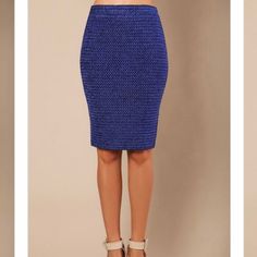 Wow Couture. Textured Lured Pencil Skirt. Royal Blue. Some Things Look So Much Better In Person And This Skirt Is One Of Them. Fully Lined. Beautiful Interwoven Color Of Metallic Electric Blue And Black. 60%Pu 40% Polyester Flat Lay Small Used For Measurements Waist (24) Length (23.5) Excellent Quality Party Mini Pencil Skirt With Lining, Elegant Blue Party Bottoms, Blue Fitted Mini Pencil Skirt, Fitted Blue Mini Pencil Skirt, Blue Knee-length Pencil Skirt For Party, Knee-length Pleated Pencil Skirt For Night Out, Blue Pencil Skirt For Evening, Fitted Blue Mini Skirt For Office, Elegant Blue Stretch Skirt