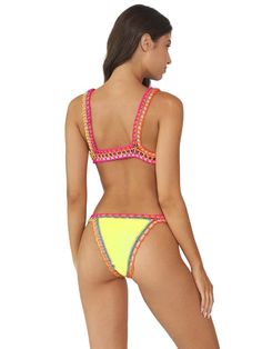 This triangle crochet bikini features exposed elastic detailing that adds a touch of vintage charm and stretchy fabric that ensures a comfortable and flattering fit for all body types. PQ Swim's famous retro-inspired bright yellow bikini produced in collaboration with original female Brazilian designer, Solange Ferrarini. The crochet bikini bottom is a one size fits all, with "teeny" style bottoms coverage. From the Ferrarini by PQ Swim collection.
 Select: Top, Bottom; Size: One Size Beachwear Swimwear With Crochet Trim For Sunbathing, Crochet Trim Beachwear For Sunbathing, Stretch Swimwear With Crochet Trim For Beach, Summer Swimwear With Crochet Trim For Sunbathing, Summer Swimwear With Crochet Trim And Stretch Fit, Vacation Swimwear With Crochet Trim And Stretch, Summer Stretch Swimwear With Crochet Trim, Stretch Swimwear With Crochet Trim For Summer, Crochet Trim Tie-side Swimwear For Beach Season