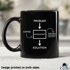 a black coffee mug sitting on top of a table next to a cup with the words problem