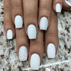 White Gel Nails, Unghie Sfumate, White Glitter Nails, Easy Nails, White Nail Art, White Nail Polish