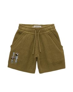 Olive knit shorts with embroidered art work Casual Embroidered Shorts With Relaxed Fit, Casual Embroidered Relaxed Fit Shorts, Casual Cotton Embroidered Shorts, Casual Embroidered Cotton Shorts, Knit Shorts With Elastic Waistband, Casual Embroidered Short Bottoms, Casual Knit Shorts For Spring, Casual Knit Shorts, Short Knit Bottoms For Spring