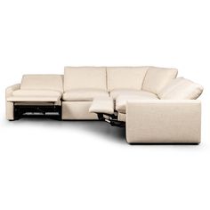 a sectional sofa with two recliners and one foot resting on the arm rest