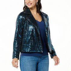 Colleen Lopez Luxe Sequin Moto Jacket  Amp up your outerwear with this one simple (yet fabulous) piece. The sequin-covered, fully-lined moto jacket brings a whole lot of glam to this classic style, highlighting any top you wear underneath. Or, zip up the front for a super shiny look you'll love. Glamorous Fall Sequin Outerwear, Glamorous Fall Outerwear With Sequins, Casual Sequined Outerwear For Winter, Casual Winter Outerwear With Sequins, Casual Sequined Outerwear For Fall, Casual Fall Outerwear With Sequins, Draped Fabric, Princess Seam, Green Jacket