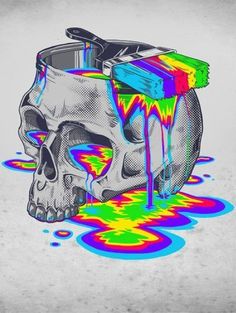 a drawing of a skull with paint pouring out of it