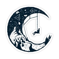 a person swinging on a moon with mountains and trees in the background sticker,