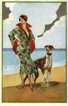 a painting of a woman and her dog on the beach