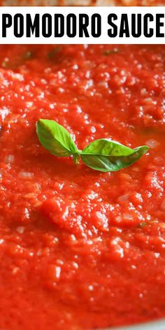 a bowl of tomato sauce with basil sprigs on top and the words pomodoro sauce above it