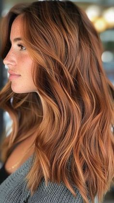 Low Maintenance Auburn Balayage, Fall Strawberry Blonde Hair Color Balayage, Slightly Red Hair, Fall Auburn Hair Highlights, Pumpkin Spice Ombre Hair, Deep Copper Hair Color With Highlights, Brown To Auburn Hair Before And After, Cool Tone Fall Hair, Summer Copper Hair Highlights