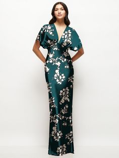 Plunge Neck Kimono Sleeve Floral Satin Bias Maxi Dress Satin Dress With Sleeves, Sister Of The Bride Dress, Vintage Satin Dress, Bride Kimono, Floral Satin Dress, Bias Dress, Trends 2025, Men's Ties, Social Dresses