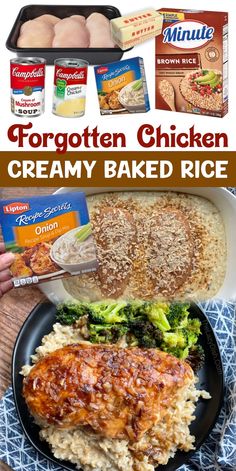 the ingredients for this frozen baked rice dish are shown in front of an image with text overlay