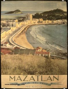 an old postcard shows the beach and coastline in mexico, with buildings on either side