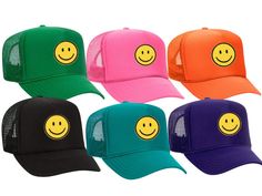 SMILE!  I dare you not to when you put on one of these adorable, colorful trucker hats!   This hat is a foam front, mesh back trucker hat with an adjustable snapback closure and matching color sweatband. Bulk pricing is available, please contact me for a custom quote :) Smiley Face Patch, Face Patches, Custom Quotes, Happy Face, Embroidered Patch, Smile Face, Trucker Hats, Pool Party, Embroidered Patches