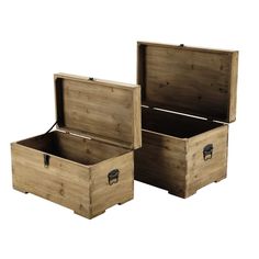 two wooden boxes sitting side by side on top of each other, one is open and the other is closed