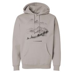 One of our new favorite hoodies that features a super soft heavy-weight cotton blend showcasing our in the fog illustration that depicts a blurry cloud swept mountain landscape textured with topographic elements mixed in with some geometric shading map icons across the bottom! Our high quality nature hoodies make great holiday and Christmas gifts for men or women who love mountains, nature and winter activities in the outdoors. Charcoal ink on Men's/Unisex Heavy-Weight Pullover Hoodie | Cement C Fog Illustration, Fog Mountain, High Quality Nature, Love Mountains, Cement Color, Map Icons, Winter Hoodie, Hoodie For Men, The Fog