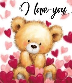 a brown teddy bear sitting on top of hearts with the words i love you written above it