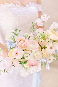 a bride holding a bouquet of flowers in her hands