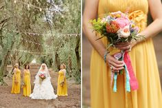 the bridesmaids are wearing yellow dresses and holding bouquets in their hands as they walk through the woods