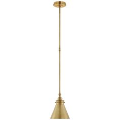 an antique brass finish pendant light fixture with a cone shaped shade on the top and bottom