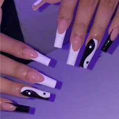 Brand New Ying Yang & French Tip Design Press On Nails! Yin Yang Nails, Long Acrylic Nails Coffin, White Nail Designs, Long Square Acrylic Nails, Unique Acrylic Nails, White Nail, Acrylic Nails Coffin Short, Acrylic Nails Coffin, Square Acrylic Nails